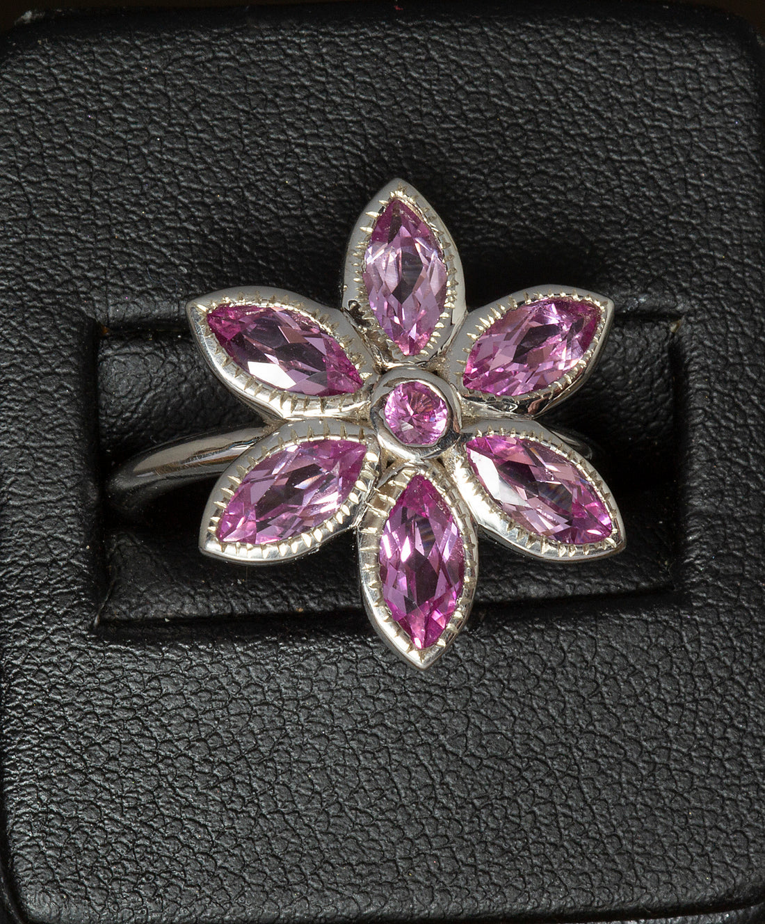 White Gold Pink Tourmaline Birth Flower Ring, Floral Statement Ring