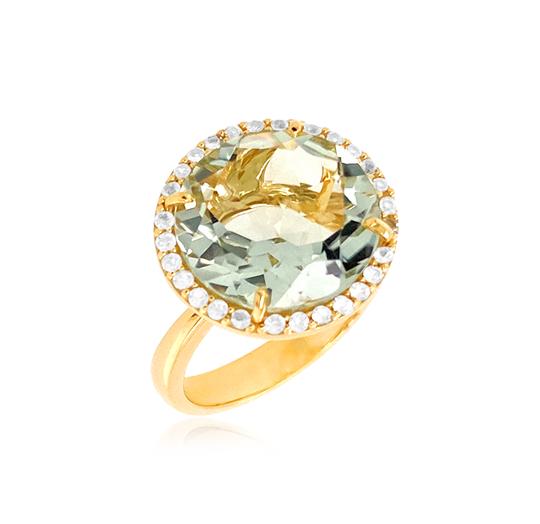 Prasiolite-Green Amethyst & White Topaz 6 Carats Halo Statement Ring