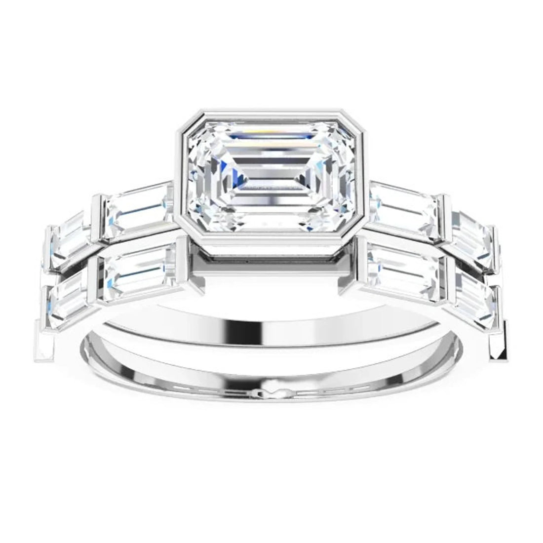 14k Gold Natural White Sapphire Wedding Band, Baguette Wedding Band