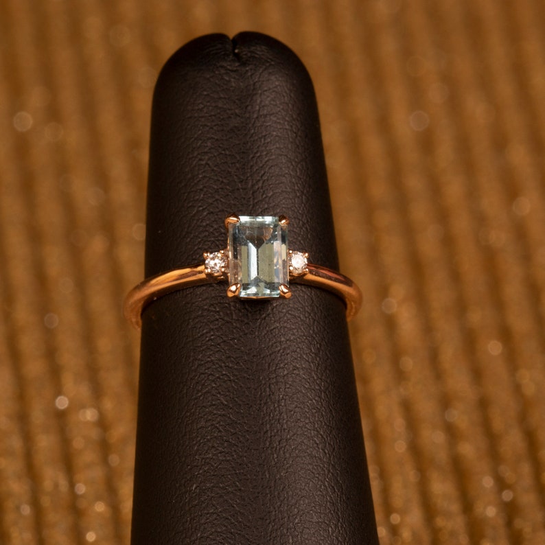 Aquamarine & Diamond 3 Stone Engagement Ring in 14k Gold