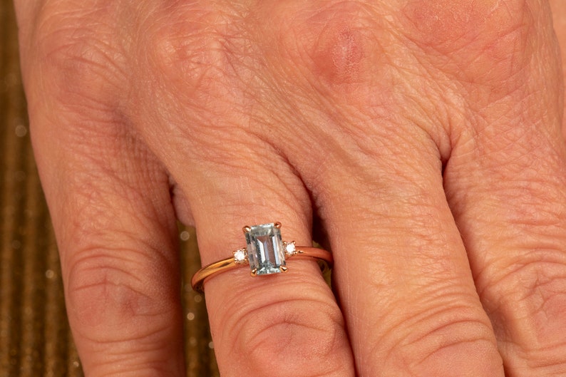 Aquamarine & Diamond 3 Stone Engagement Ring in 14k Gold