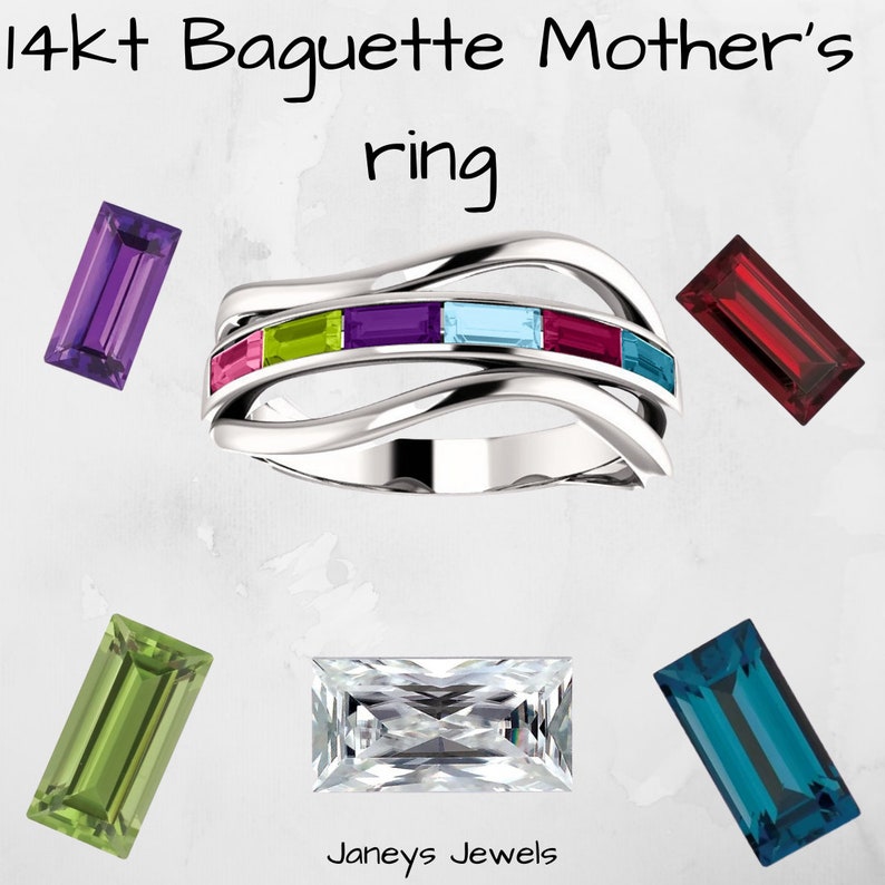 14k Gold Multi-Color Baguette Ring,  Modern Mother's Ring in white, rose or yellow gold