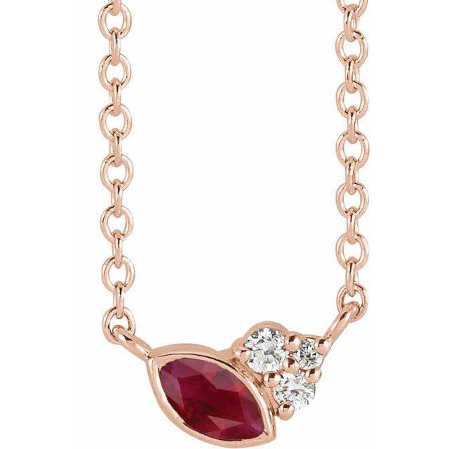 Ruby & Diamond Marquise Shaped Minimalist Necklace in 14k Gold